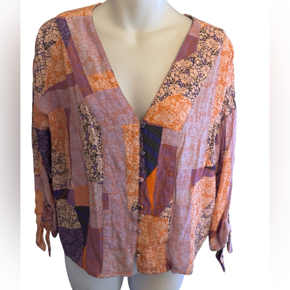 Lovstitch Patchwork V-Neck Top - Orange and Purple - Picture 3 of 9